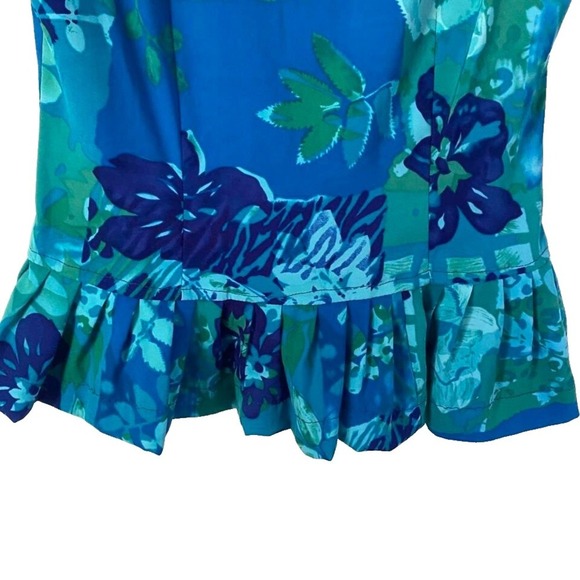 John Roberts Blue & Green Floral Peplum Blouse Top Ruffle Detail Back Size US 10 - Picture 5 of 7